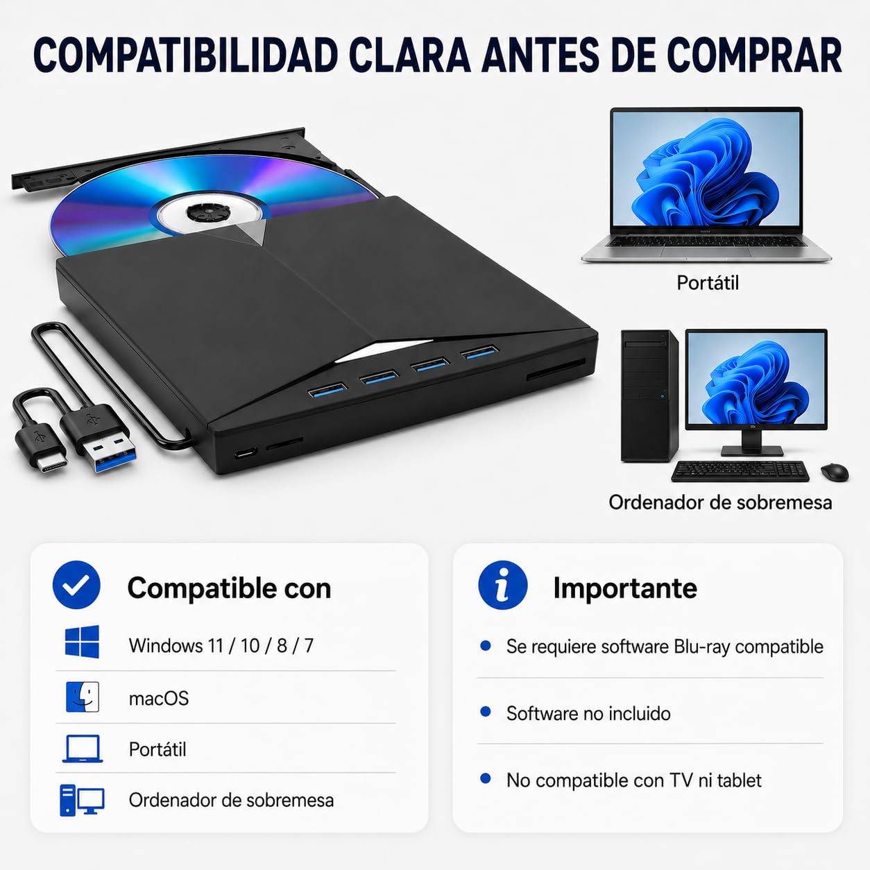 Lettore Blu-ray Esterno 7 in 1, Masterizzatore DVD CD, Hub USB 3.0 USB-C, 4 USB, SD TF, per PC Windows Mac