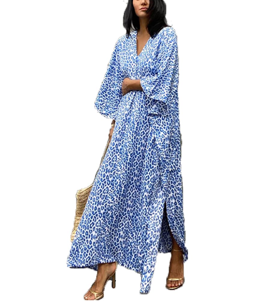 Yiyuan Womens Turkish Kaftans Loose Beachwear Long Swimsuit Cover up Caftan Beach Dress Blue