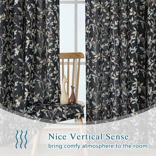 Image of Chyhomenyc Linen Blend Window Curtains 63 Inch Length 2 Panels, Light Filtering Floral Printed Curtain Drapes for Living Room, Rod Pocket Soft Bedroom Curtain Panels, 38Wx63L Inch, Black