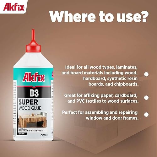 Miniatura 4 de Akfix D3 PVA - Pegamento resistente al agua, pegamento fuerte para madera, muebles, manualidades, reparación de suelos, cartón para interiores y