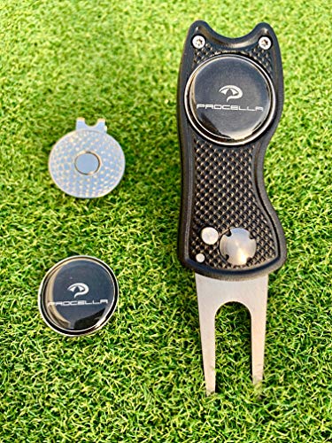 Procella Golf Divot Repair Tool with Golf Ball Marker Hat Clip | Solid Metal Switchblade Knife Style Divot Tool | Multi Tool Golf Accessories for Men and Women