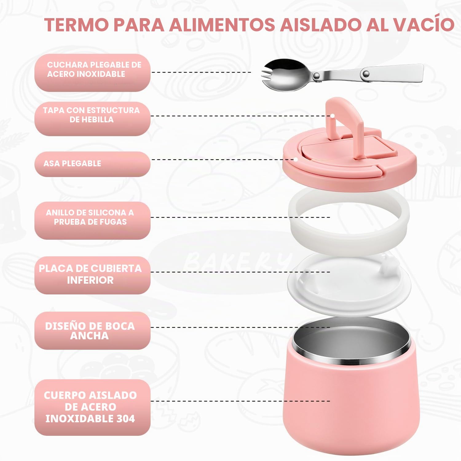 Itslife Termo para Comida 420ml, Recipiente Térmico para Comida con Cuchara, Acero Inoxidable Fiambrera Termica Infantil y Adultos, Contenedor Térmico para Picnic, Escuela y Oficina, Rosa