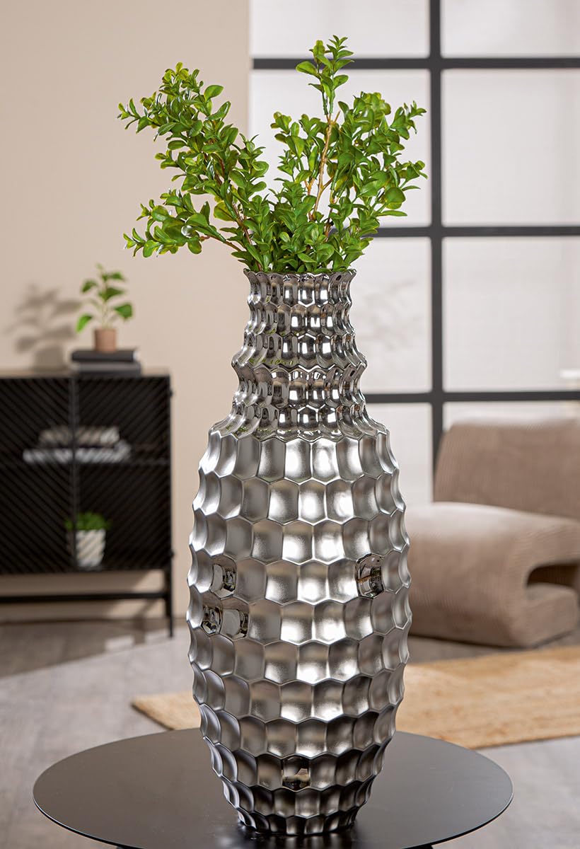 GILDE Vase Hexagon - Keramik - bauchig - Höhe 53cm x Ø 22cm - Silber - glänzend/matt - Dekovase