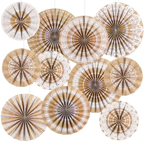 Image of 18 Pack Burlap Hanging Paper Fans Decorations, Vintage Folding Paper Fan Set with 9 Rustic Designs for Classroom Bulletin Board, Back to School, Birthday, Baby Shower, Western Party Decor