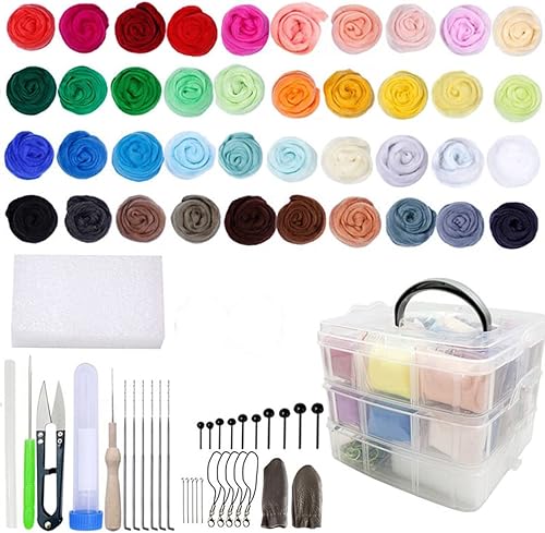 PHILOPACK Kit de fieltro de aguja para principiantes de lana juego de 40 colores con caja de almacenamiento de fieltro de lana herramientas de