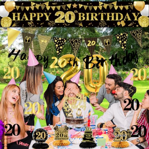 Image of 20th Birthday Decorations for Men, Black Gold 20th Party Decoration Kits | 27pcs Happy 20th Birthday Set, Banner, Honeycomb, Balloons, Gold Number, Candle, Hanging Swirls, Cake Topper, Party Supplies