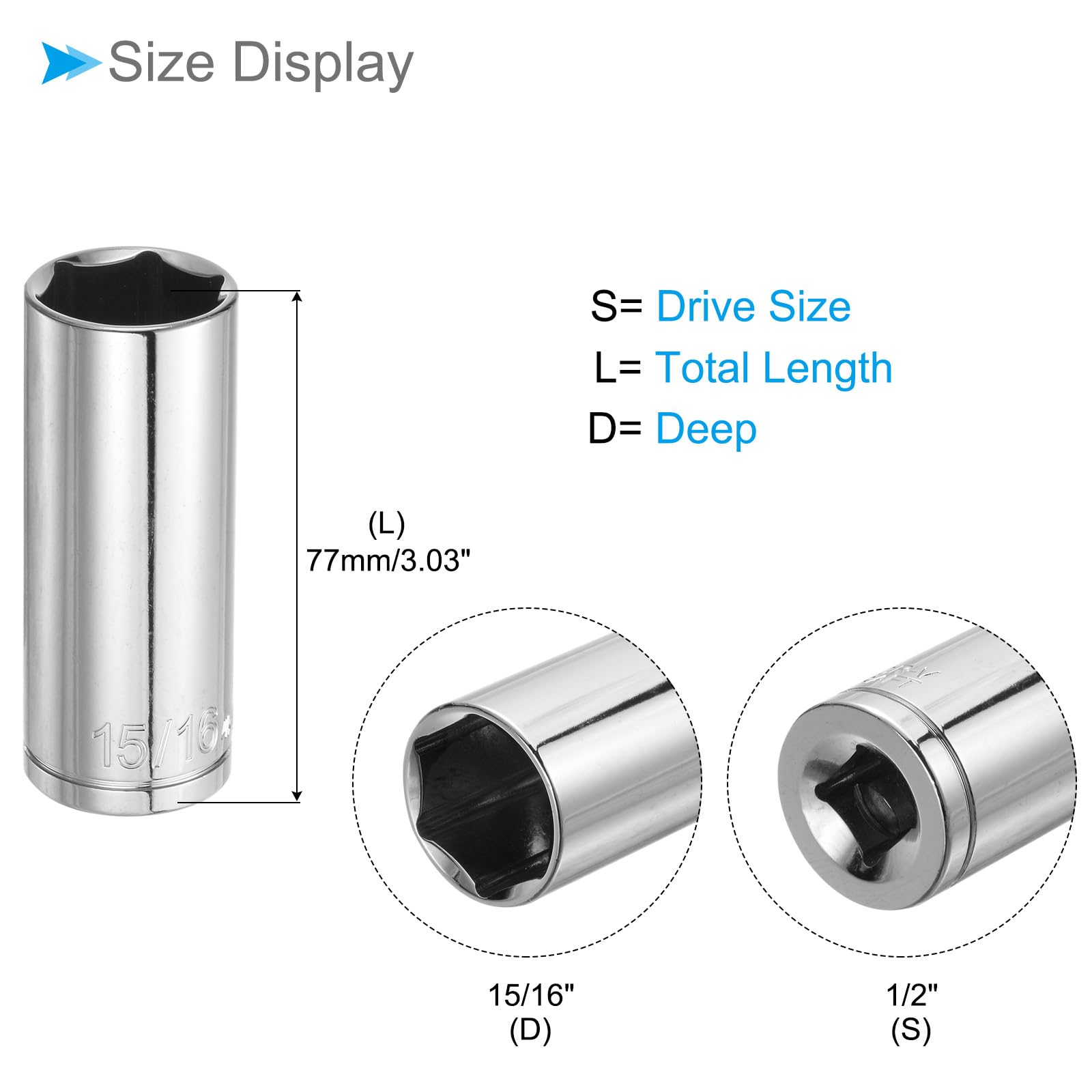 CoCud 6-Point Socket, 1/2" Drive 15/16 Deep, Mirror Chrome Plating CR-V SAE Deep Impact Socket - Image 2