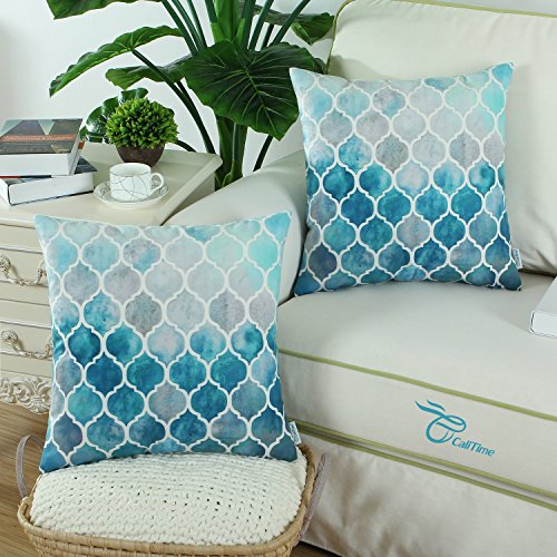 CaliTime-Pack-of-2-Cozy-Throw-Pillow-Cases-Covers-for-Couch-Bed-Sofa-Farmhouse-Manual-Hand-Painted-Colorful-Geometric-Trellis-Chain-Print-18-X-18-Inches-Main-Grey-Teal 61te0TuN7sL