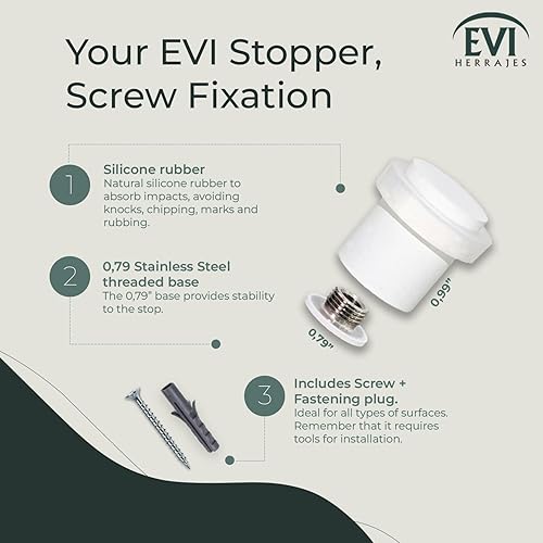 Miniatura 2 de Topes de puerta EVI Tope de puerta de acero inoxidable blanco - Cierre de tornillo - Protector de goma blanca - Tope de puerta de 0.79 x 0.99