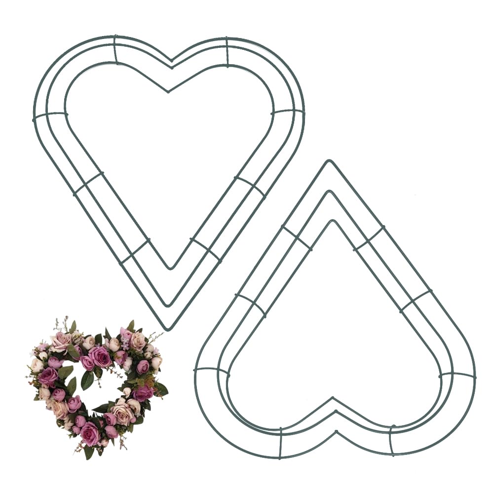 JOYWU Heart Shaped Wire Wreath Frames,2 Pcs 12 in Green Heart Wreaths Frames,DIY Metal Floral Wreaths Rings,Holiday Love Wreath Hoop,Anniversary Day