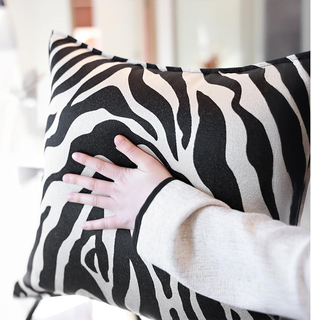 Modern Sofa Cushion Zebra Pattern Pillow Cover, Black and Silver, Square, 18x18 inches, Two-piece Set