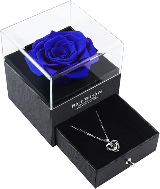 LOVCAS Mother's Day rose Gifts for Her, Preserved Rose, Necklace Rose Gift Box, Necklace in 100 Languages, Handmade Rose Gift for Her on Birthday, Mum Gifts for Women (Blue)