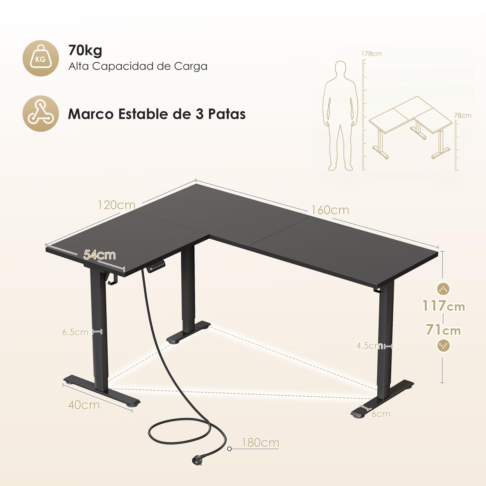 OffiGo Esquinero Escritorio Elevable, Mesa Escritorio 160 x 120 cm, Nero