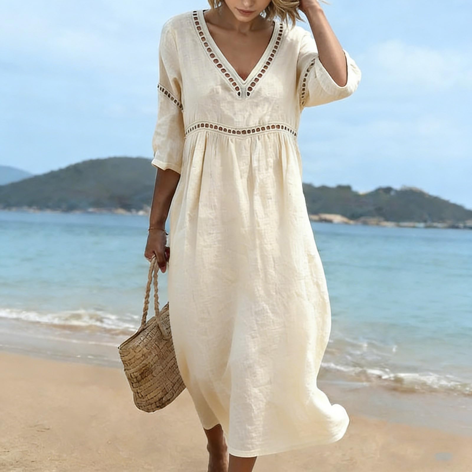 Robe Femme Été Longue Robe en Lin Coton Vêtement Femme Chic Robe Tunique Ample Col V Broderie Robe de Plage Bohème Manches 3/4 Légère Fluide Hippie Rétro Casual