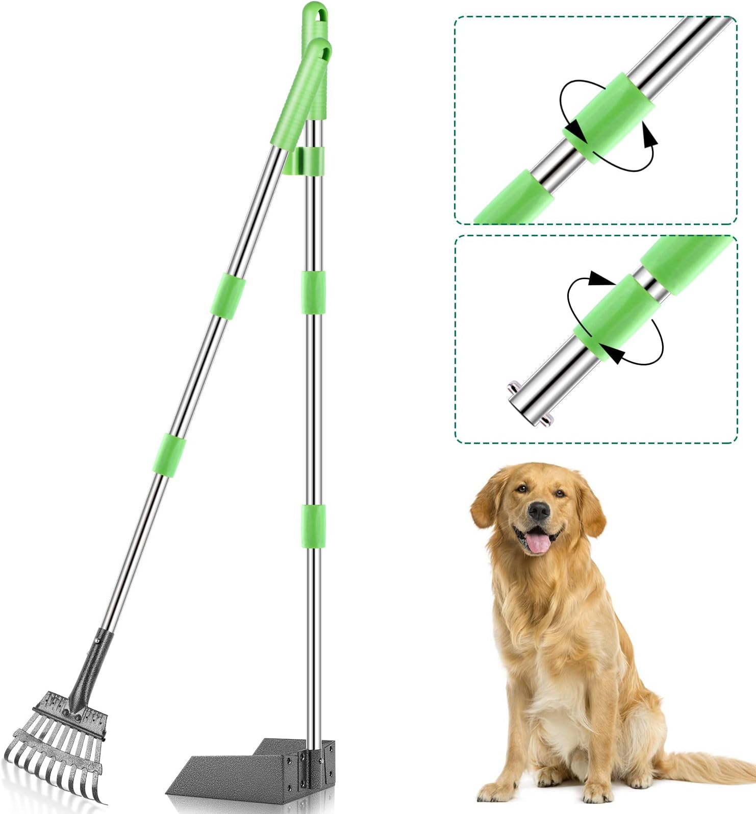 TNELTUEB Dog Pooper Scooper, Metal Pet Poop Tray & Rake - 37 Inches Pet Waste Removal Long Handle Bin with Rake for Dog, Green