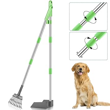 TNELTUEB Dog Pooper Scooper, Metal Pet Poop Tray & Rake - 47.2 Inches Pet Waste Removal Long Handle Bin with Rake for Dog, Green