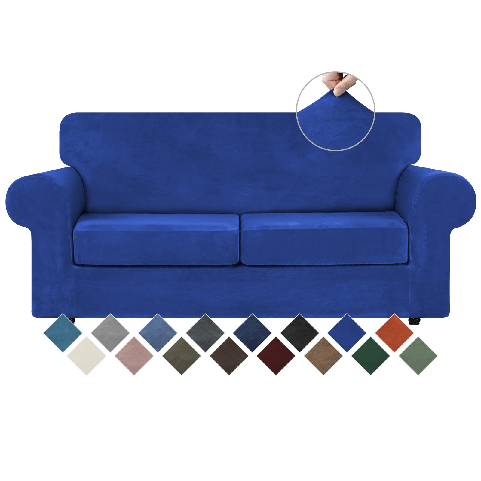 WEERRW Velvet Couch Covers for 2 Cushion Couch Sofa - High Stretch Luxury Velvet Plush Sofa Slipcovers with Elastic Bottom, Furniture Protector for Pets, Machine Washable, Royal Blue, Medium