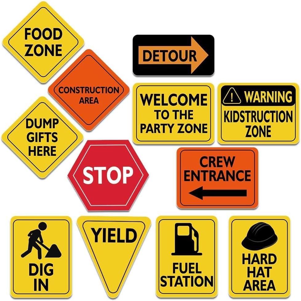 WENIA WERNNSAI Construction Zone Party Decorations - 12 PCS Size 8â€ Traffic Sign Cutouts for Boys Kids Birthday Party Construction Theme Party Supplies