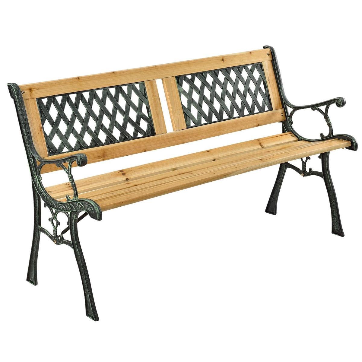 Juskys Sanremo Garden Bench, front view, showing wooden seat and backrest, and decorative cast iron sides.