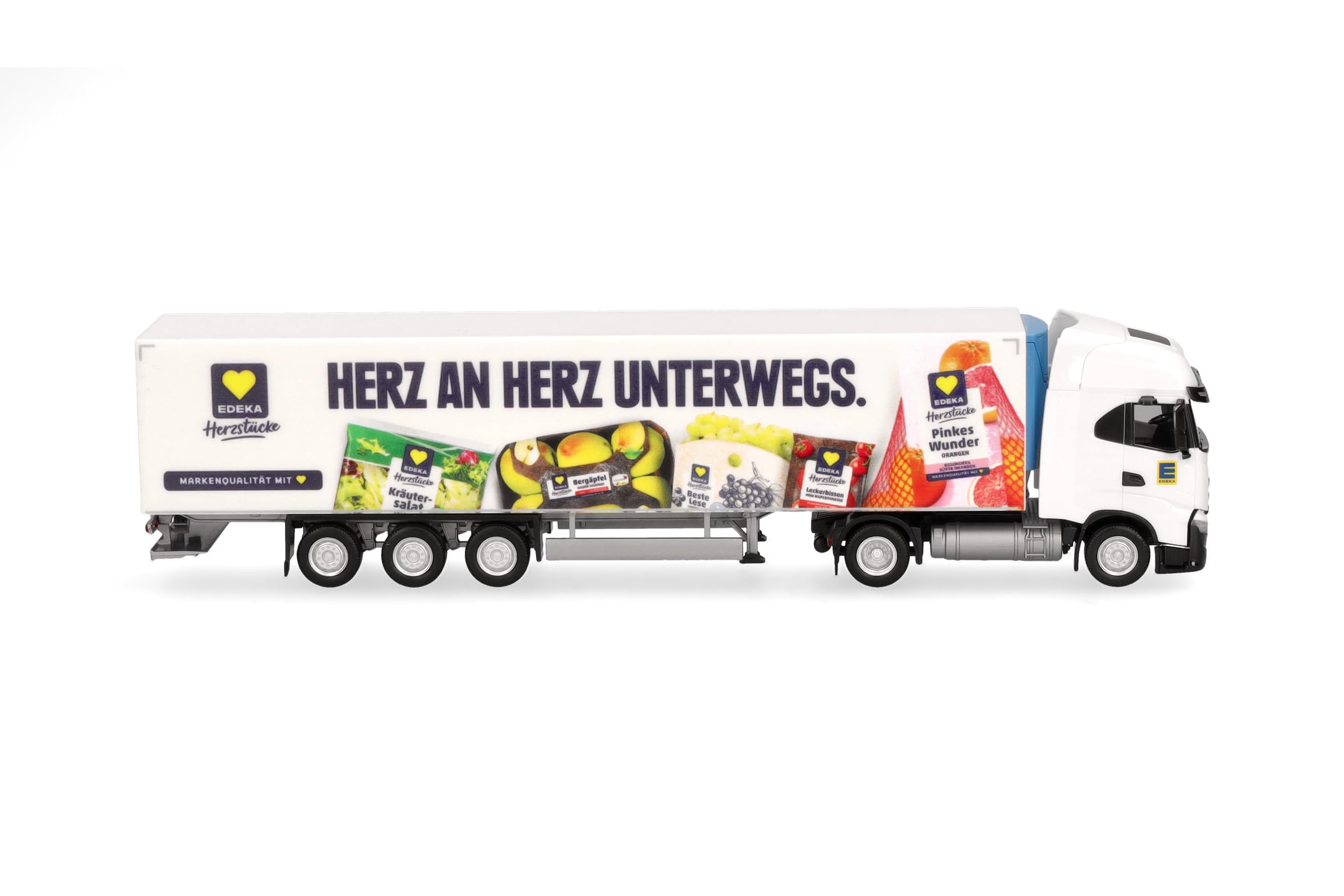 Herpa LKW Modell Iveco S-Way Kühlkoffer-Sattelzug Edeka, Miniatur im Maßstab 1:87, Sammlerstück, Made in Germany, Kunststoff, Weiß