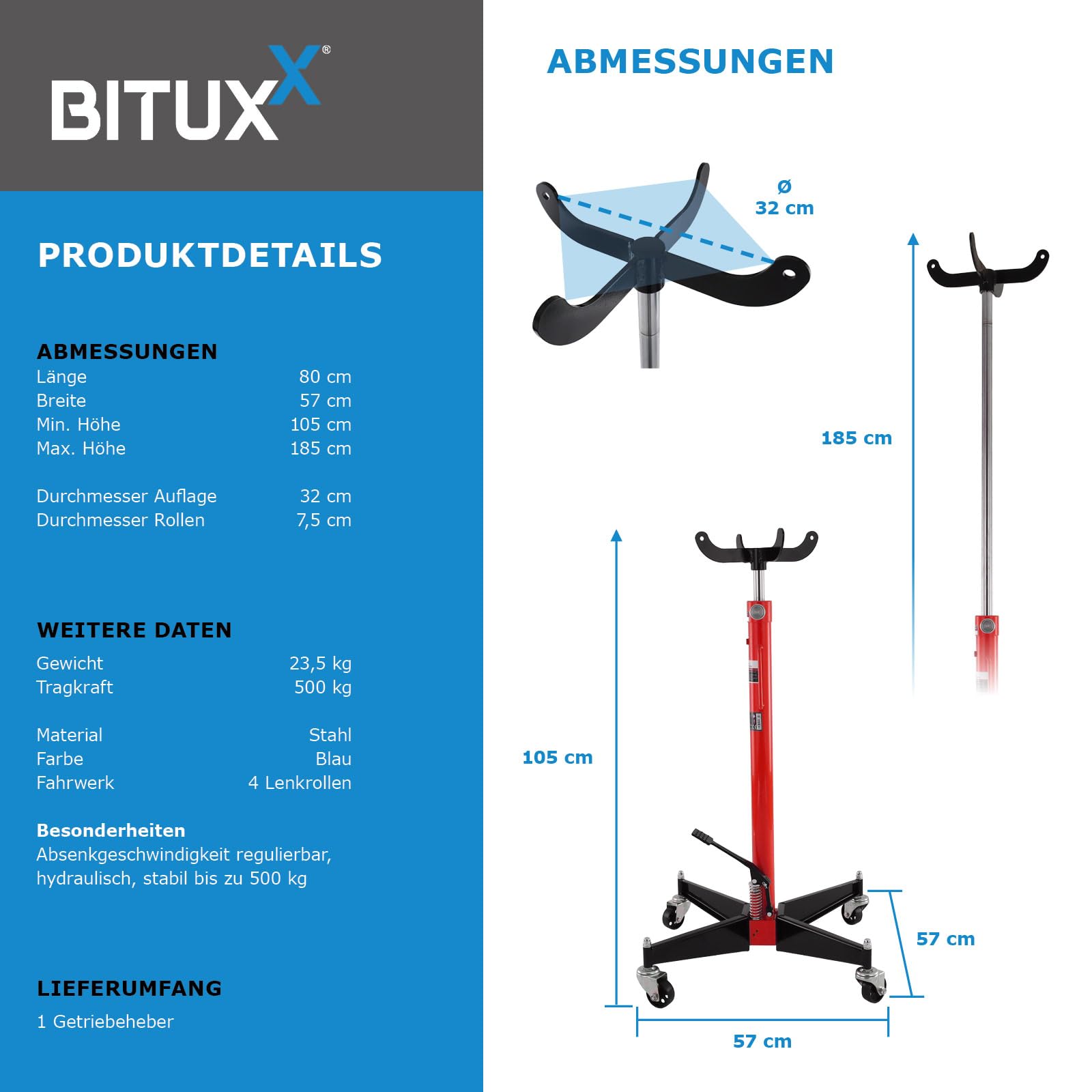 Bituxx Hydraulischer Getriebeheber Werkstatt Hydraulikheber Höhenverstellbar Getriebewechsel PKW KFZ 500Kg 105-185cm Rot