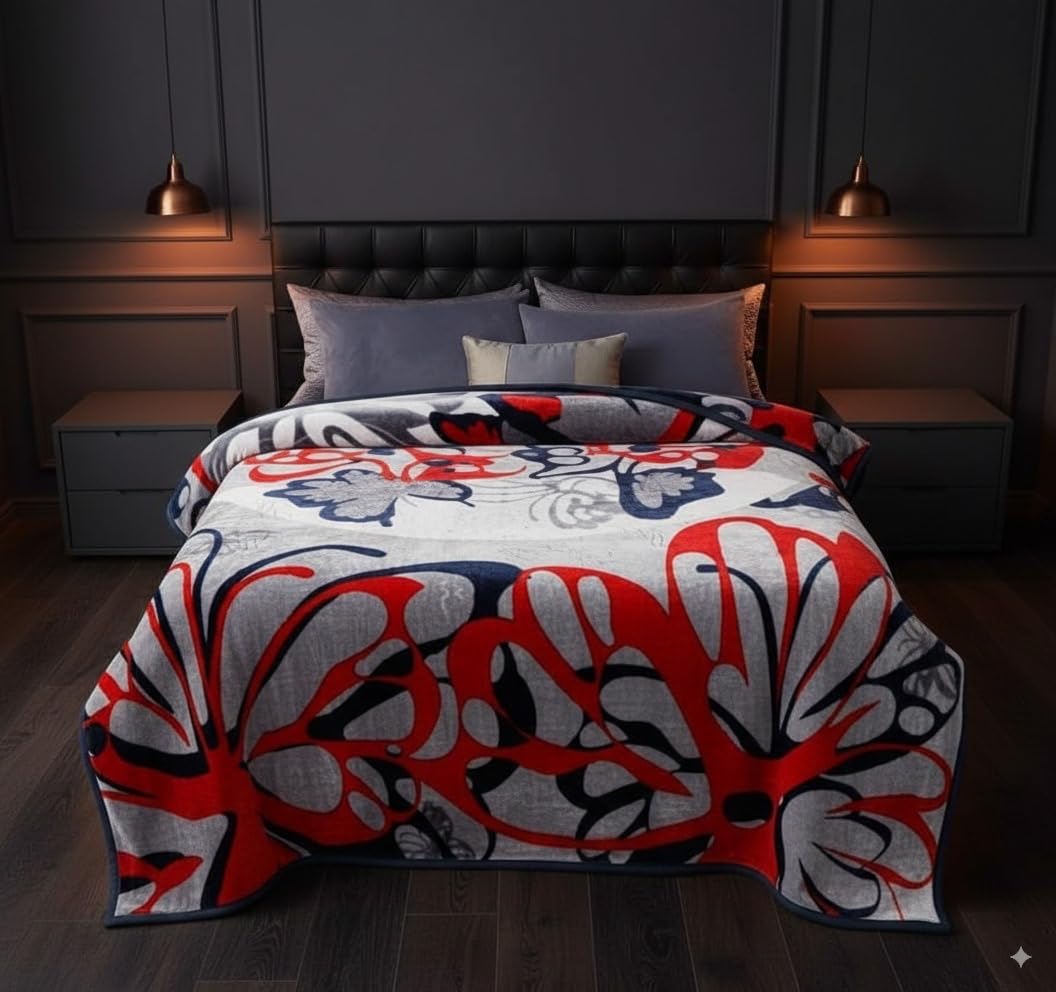 Mink Double Blanket (200 x 240 cm), Soft Warm Heavy Blanket with Red, Purple & Black, Thick Non-shedding Winter Throw with Double Ply, 100% Polyester, Suits Queen & King Bed