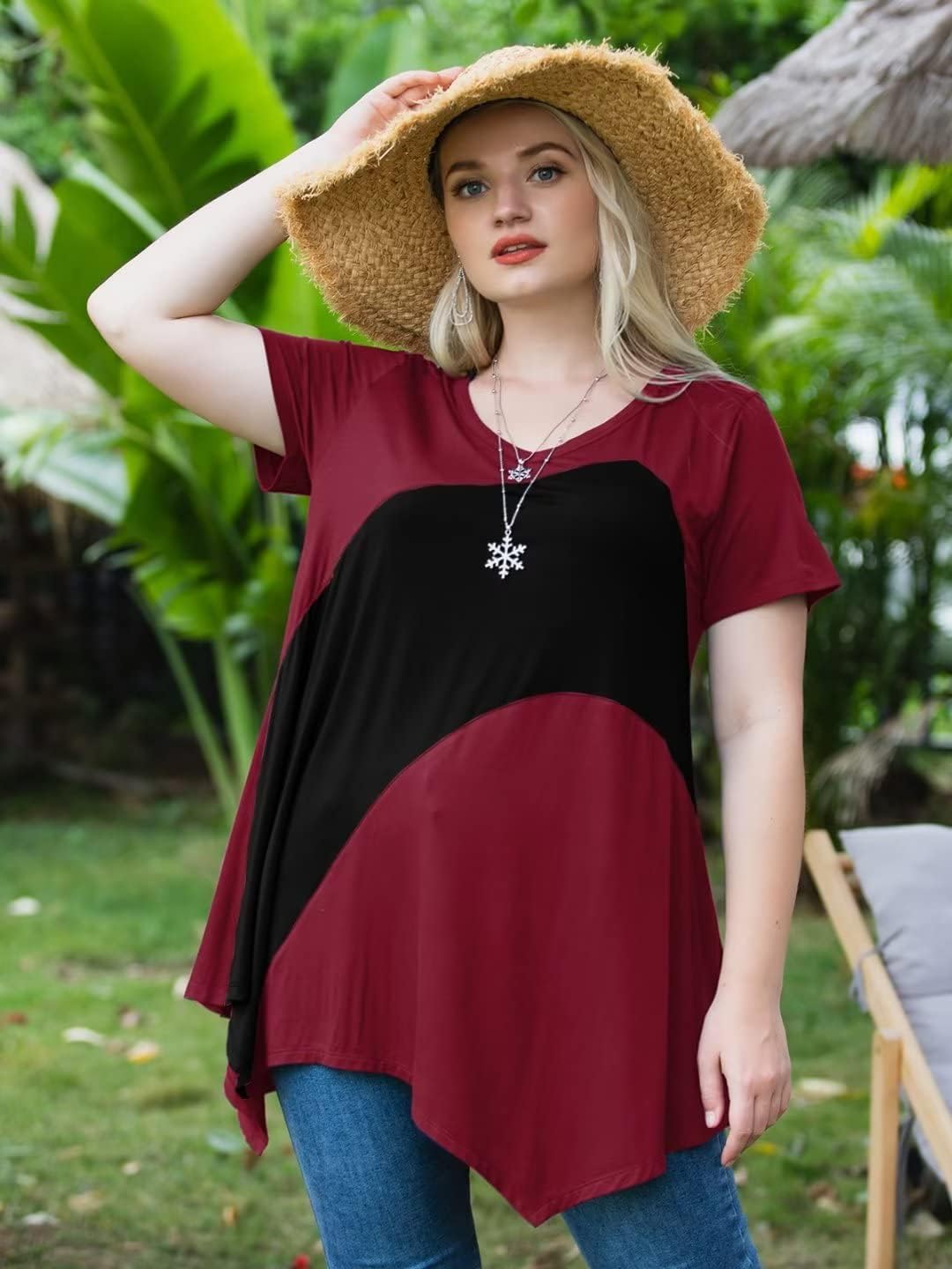 LARACE Plus Size Tops for Women V Neck Summer Shirt Short Sleeve Blouses Patchwork Tunics - Image 5