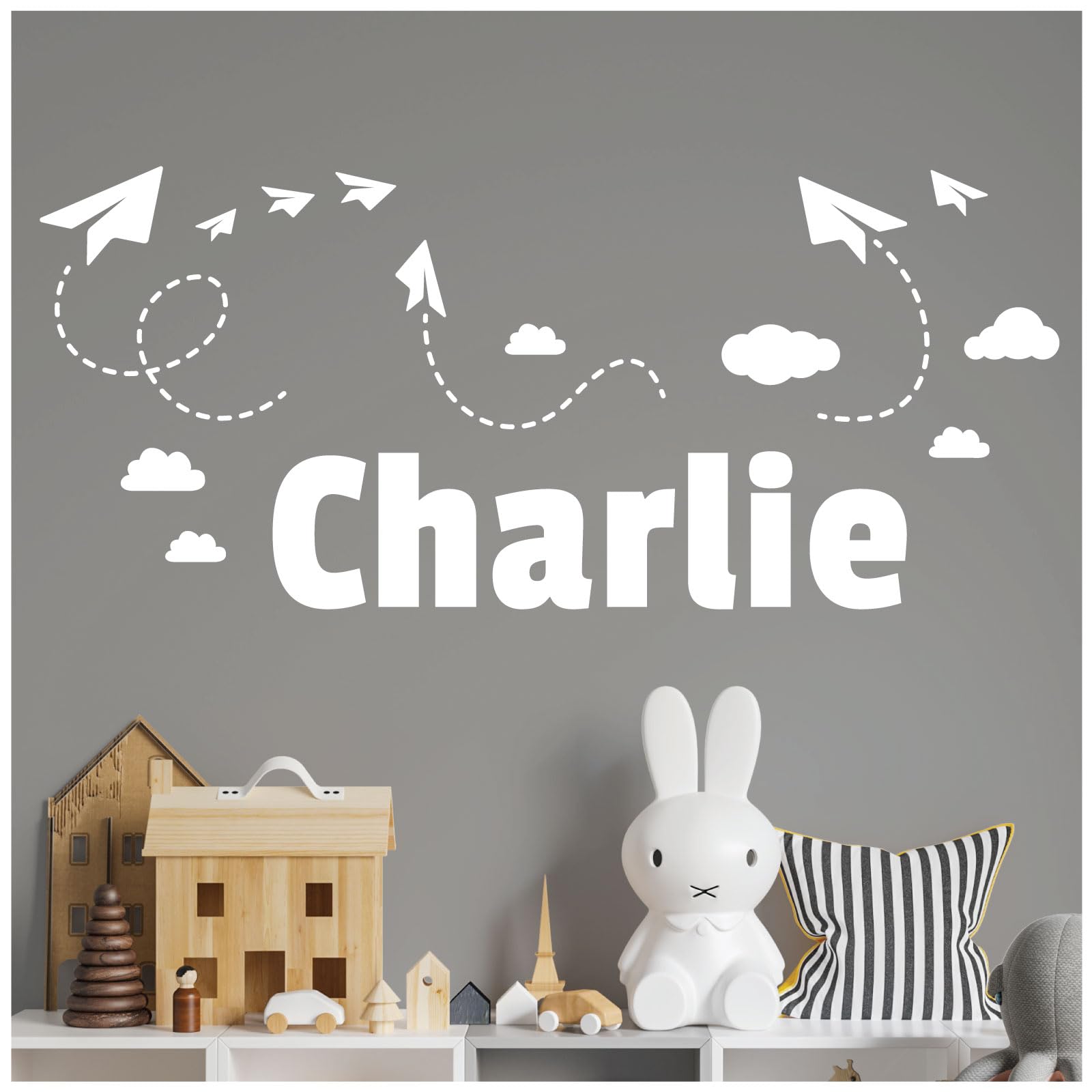 Personalised Name Children Wall Art Sticker - Sky, Paper Planes and Clouds [Large] [White]