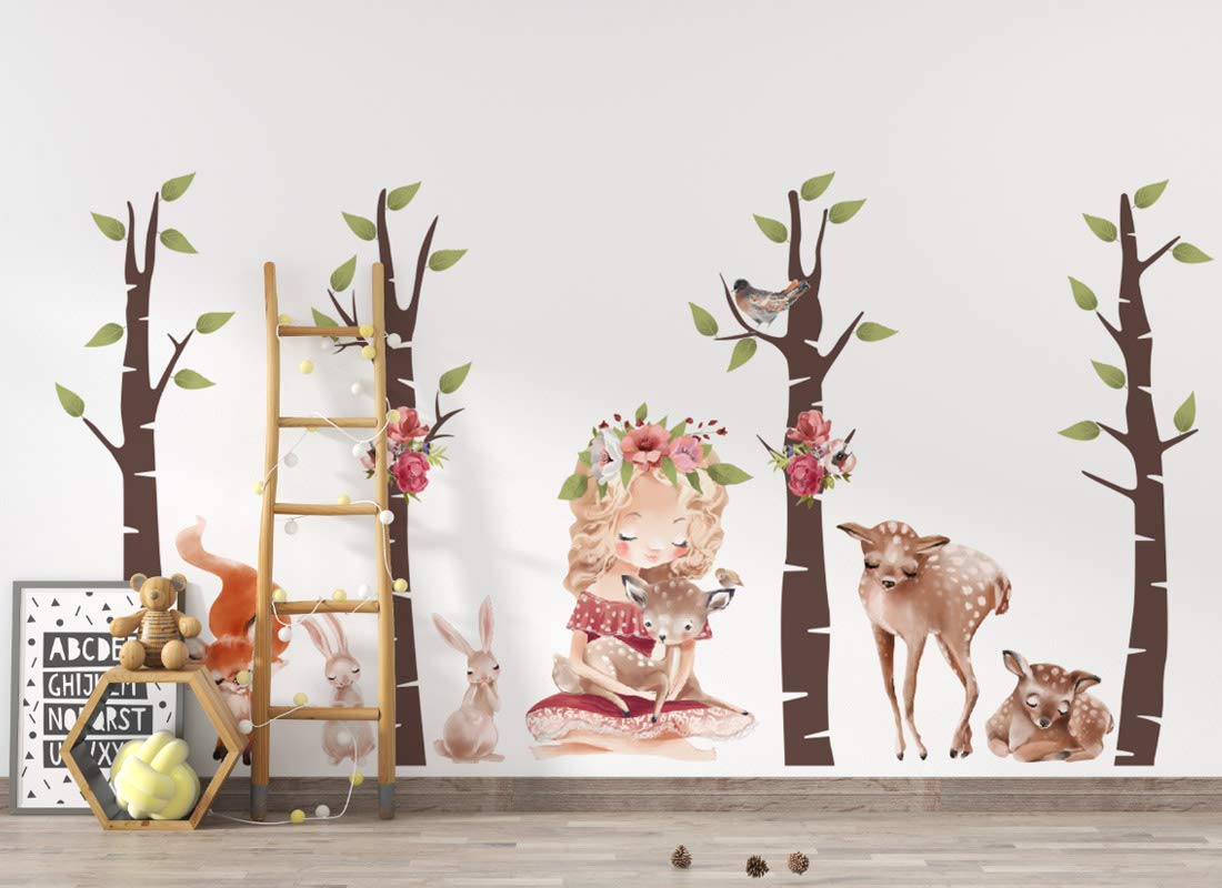 Stickers Muraux Enfants: Animaux de la Forêt et Filles (290x150cm) - Autocollant Mural - Decoration Chambre Bebe - Deco Chambre Enfant Fille & Garcon - Cerf, Renard, Oiseaux, Lapins os3630