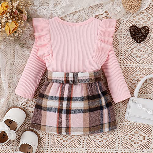 Camiseta de manga comprida com babados e estampa xadrez xadrez com babados e saia para meninas de 12