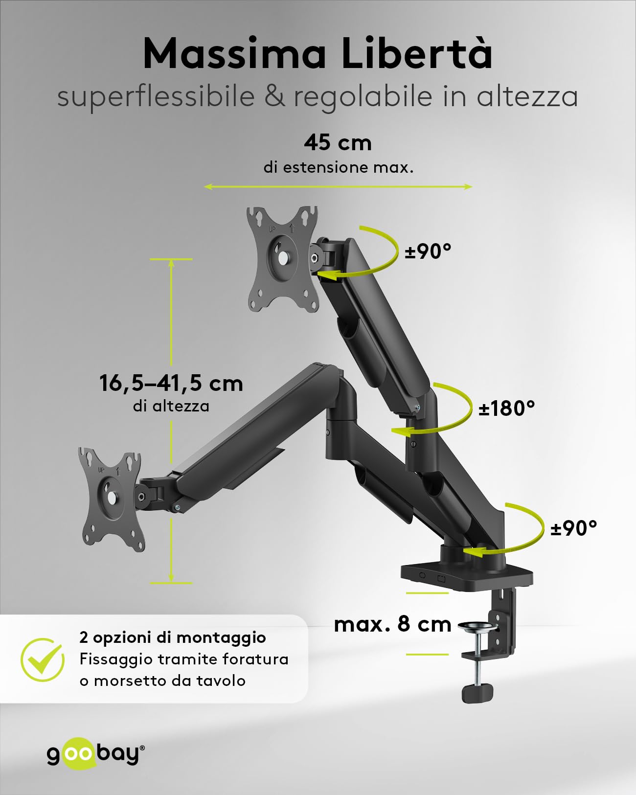 goobay Supporto doppio per monitor – con molla a gas, per schermi da 17 a 32 pollici, inclinabile e orientabile, morsetto da tavolo, portata 9 kg, con sistema di gestione, VESA 75x75 e 100x100