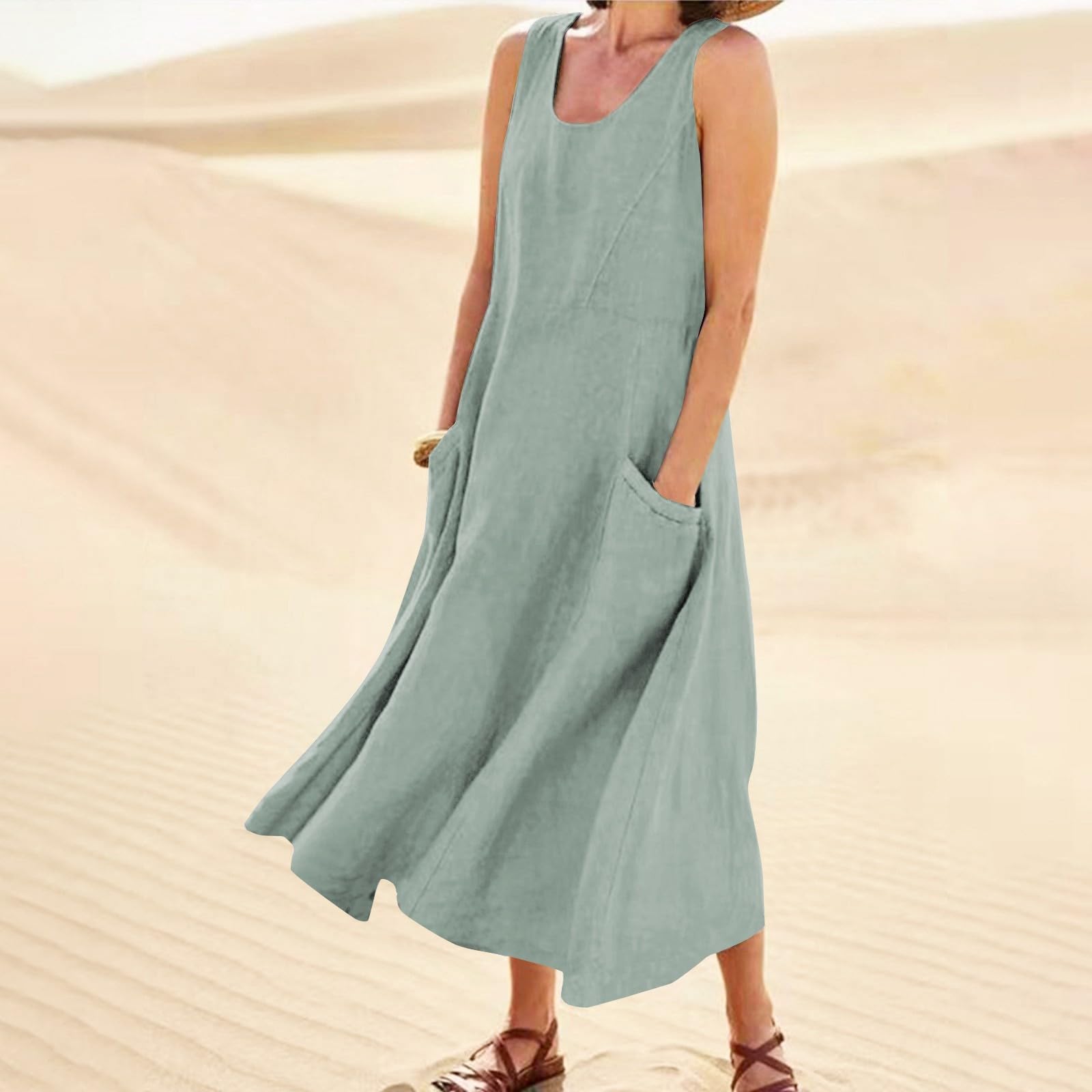 FUPODD Sommerkleider Damen Leicht Und Luftig Schwingen Tank Kleid Ärmellos Sommerkleid Damen Lang Elegant Maxikleid Damen Freizeit Locker Kleider Damen mit Taschen Strandkleid Damen Schick Einfarbig