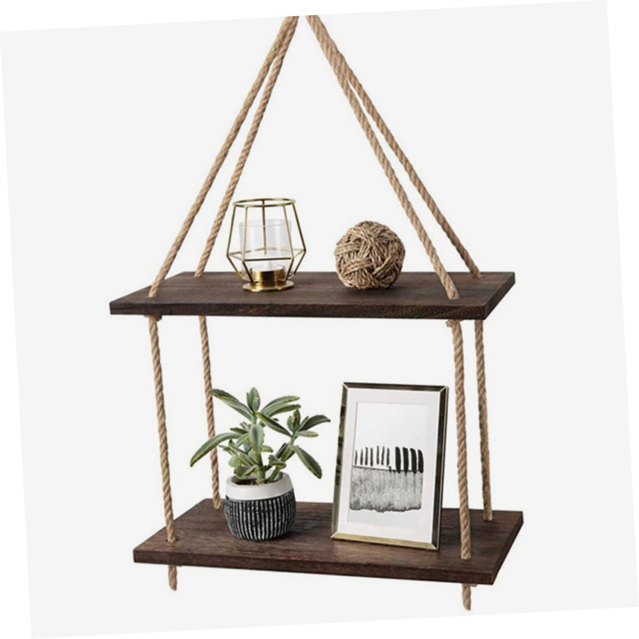 Toyvian Mensole Sospese da Parete Arazzo Boho in Legno Nero Supporto in Corda Naturale, Scaffali Galleggianti Rustici per Piante e Decorazioni, Set per Arredamento Casa