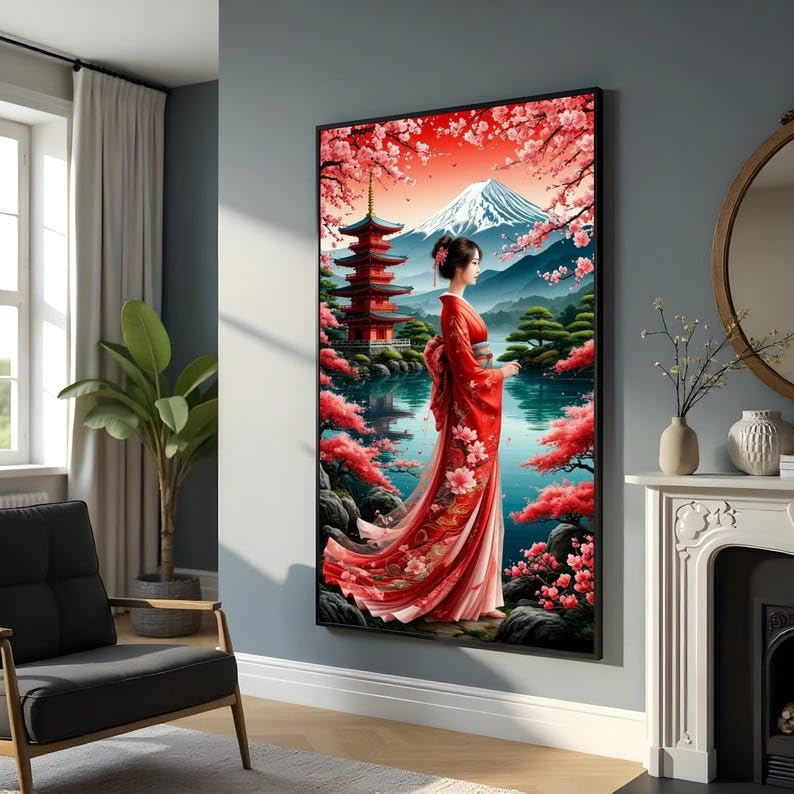 TONGYINLI Tableau sur toile représentant une élégante geisha en kimono rouge, paysage de cerisiers japonais, pour une décoration intérieure culturelle (60...