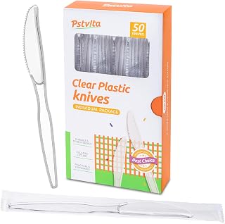 Disposable Plastic Knives Clear, Pack of 50 Individually Wrapped