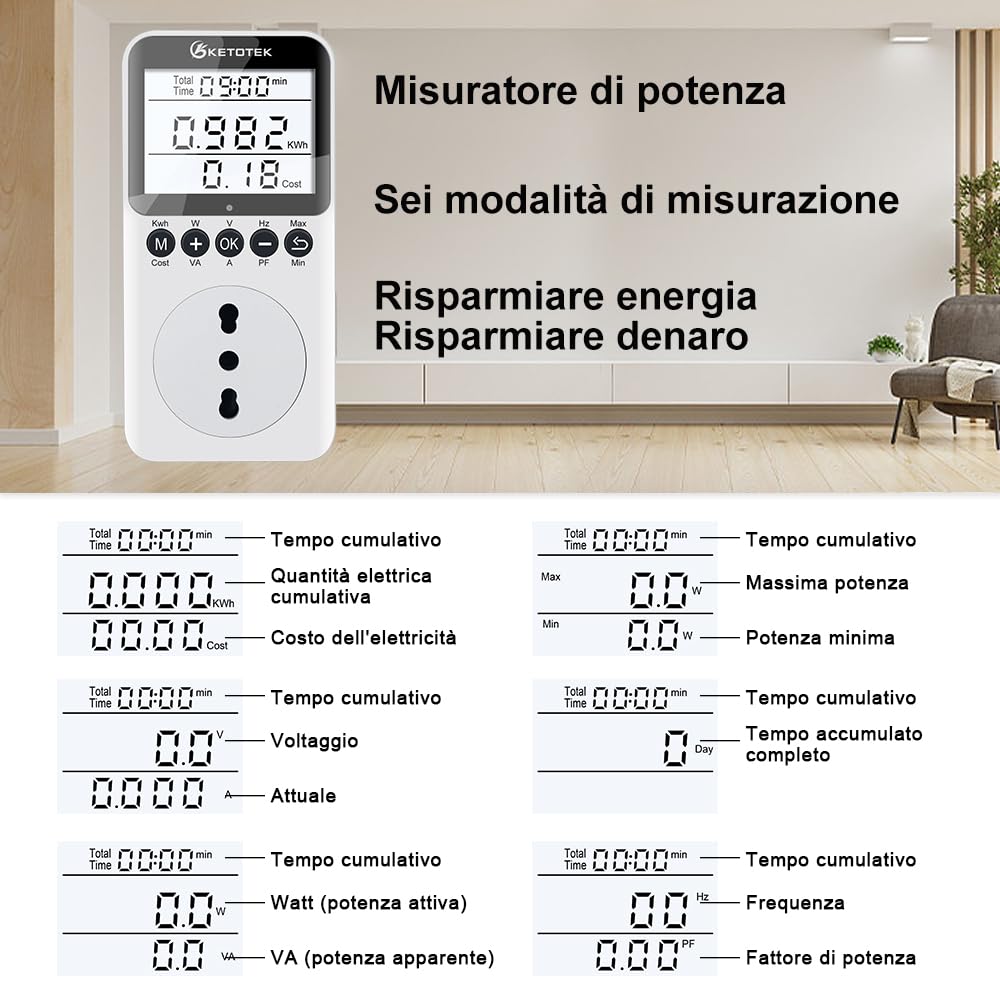 KETOTEK Stromzähler für Steckdose mit Hintergrundlicht Strommessgerät Energiekostenmessgerät 3680W Digitaler Energiekosten Stromverbrauchszähler