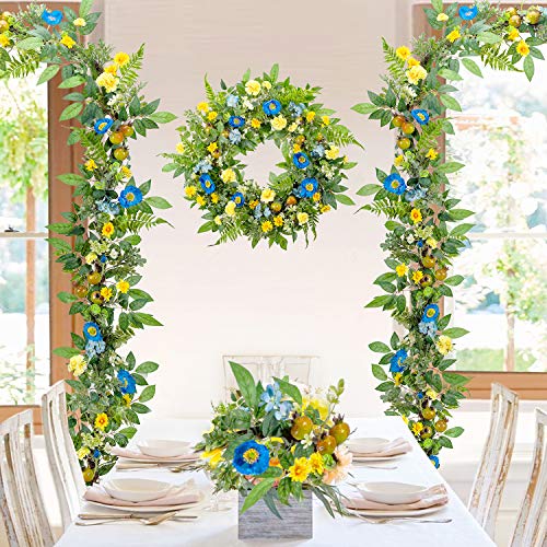 Wanna-Cul 24 Inch Spring Summer Carnation Flower Wreath For Front Door,Blue And Yellow Floral Door Wreath With Pomegranates,Papaver Rhoeas,Daisy,Fern Leaf For Wedding Wall #TOP4