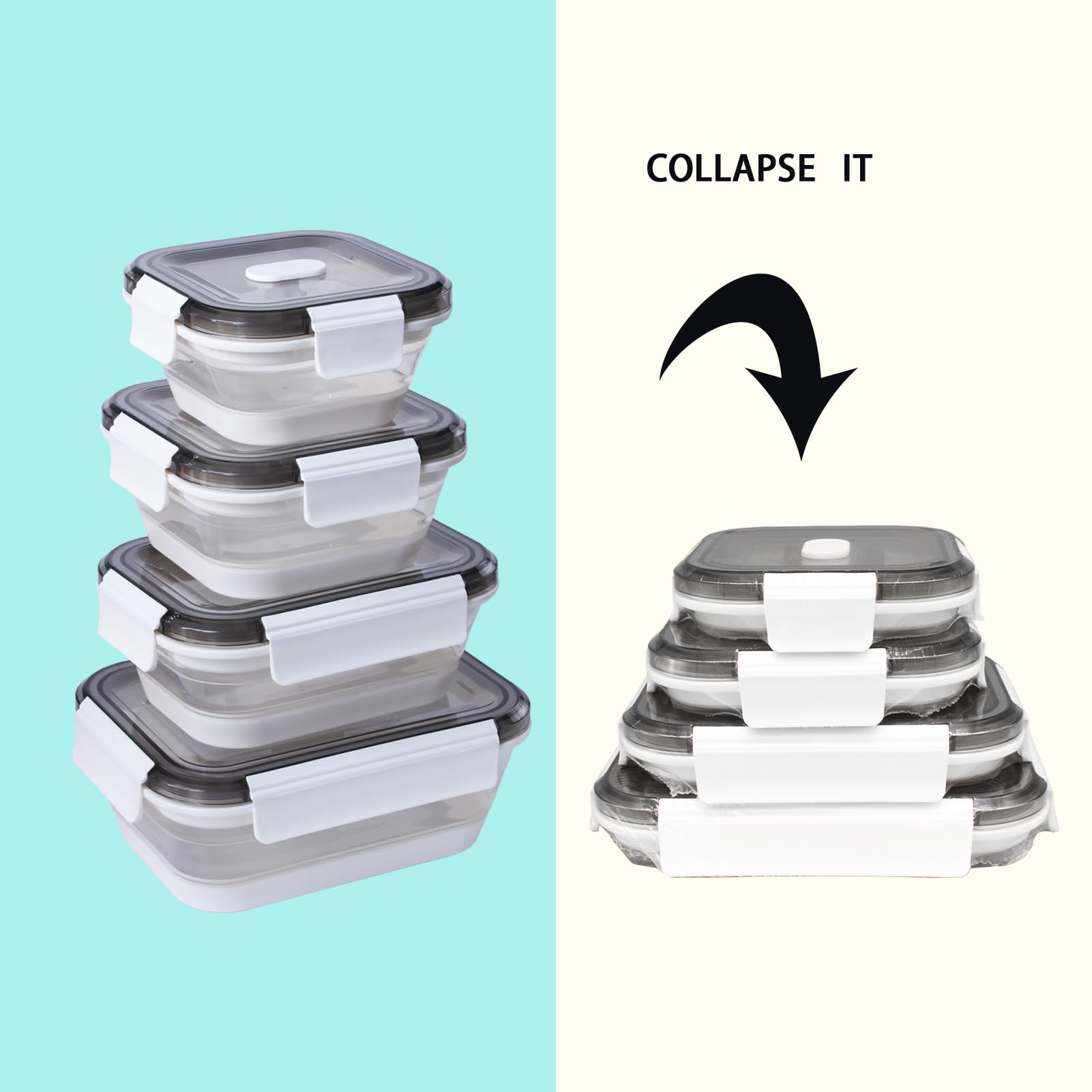 Contenedores plegables para almacenamiento de alimentos con tapa, juego de 4, aptos para microondas, congelador, lavavajillas, sin BPA, a prueba de fugas (rectangulares)