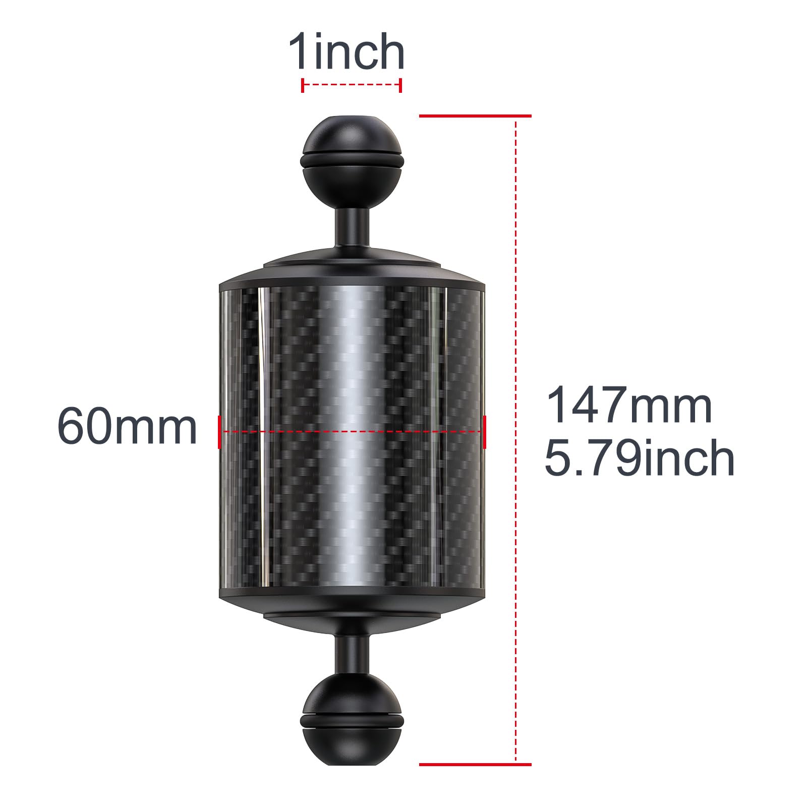 Carbon Fiber Underwater Float Arm with Dual Ball Mounts for Photography and Video, Compatible with Diving Trays, Video Lights, Strobes (Black, 60mm5')