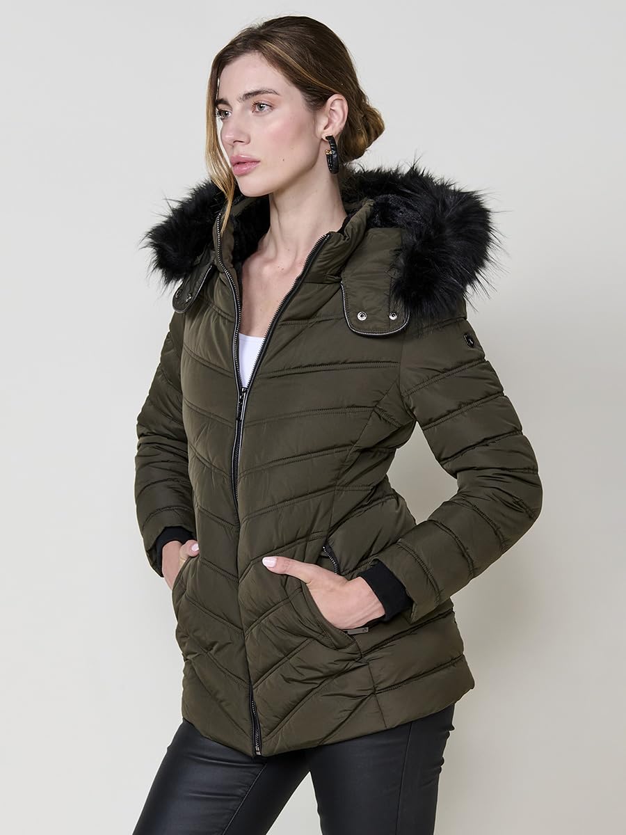 Koroshi Chaqueta Plumífero Larga Acolchada Mujer Capucha Pelo Extraíble