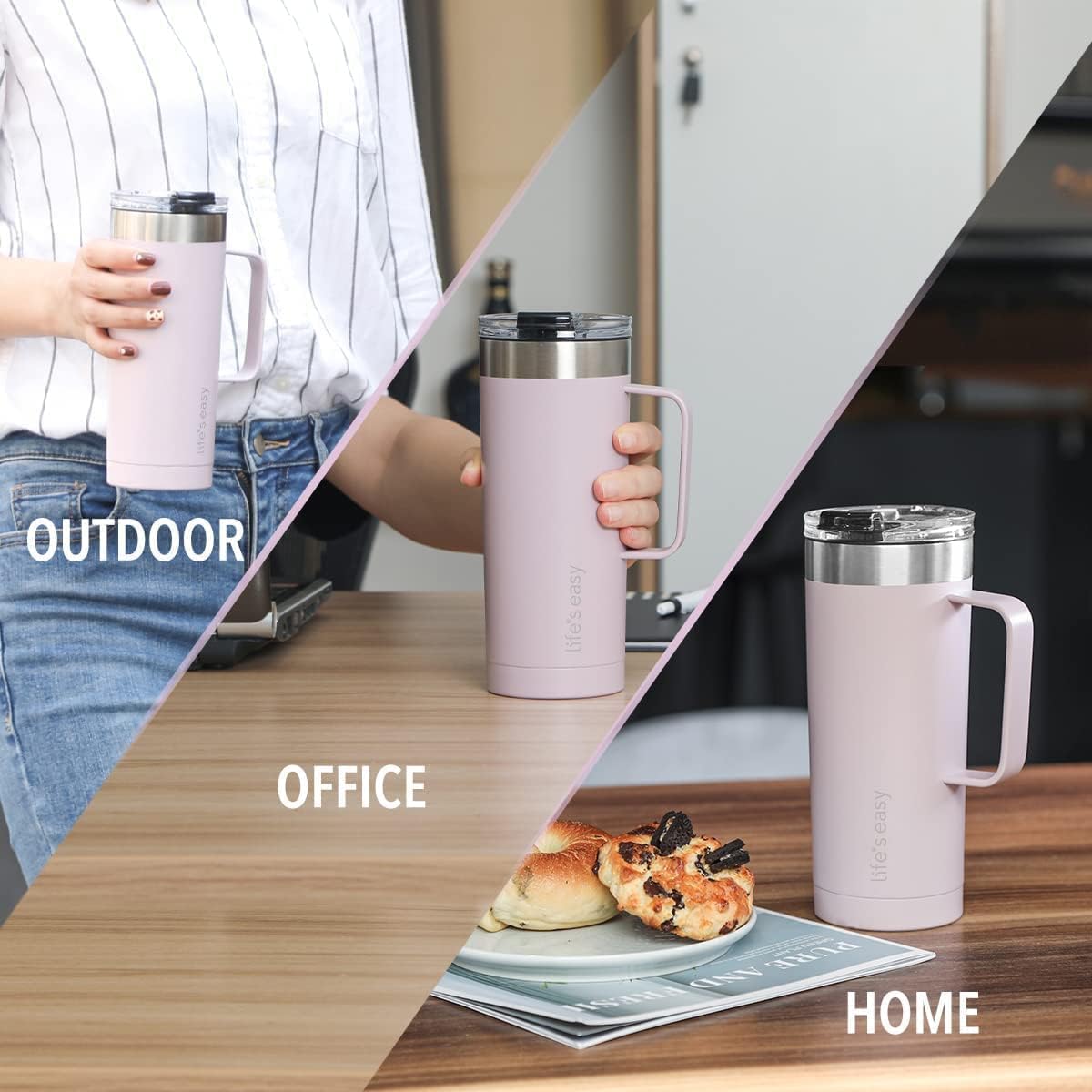 Life's Easy 20oz Stainless Steel Mug w/Handle - Double Wall Insulated Travel Tumbler w/Flip Lid - Leak Proof Tumbler-Thermal Cup for Coffee, Tea & More - Keep Hot & Cold Drinks (Lavender, 20 oz) - Image 4
