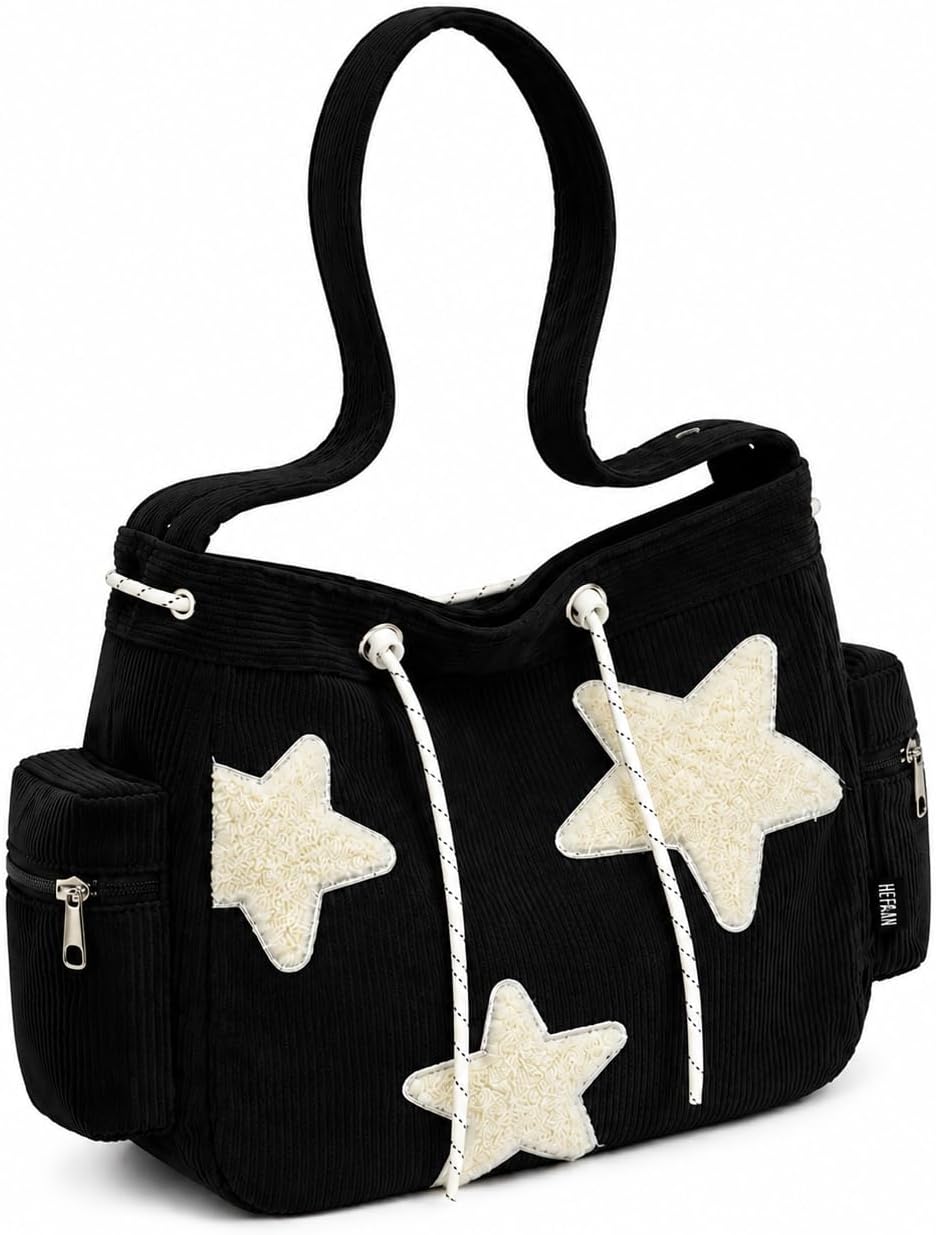 Bolsa Feminina Transversal de Ombro com Estampa de Estrela, Bolsa de Festa de Corduroy, Bolsas de Mão e Ombro Femininas Modernas e Casuais