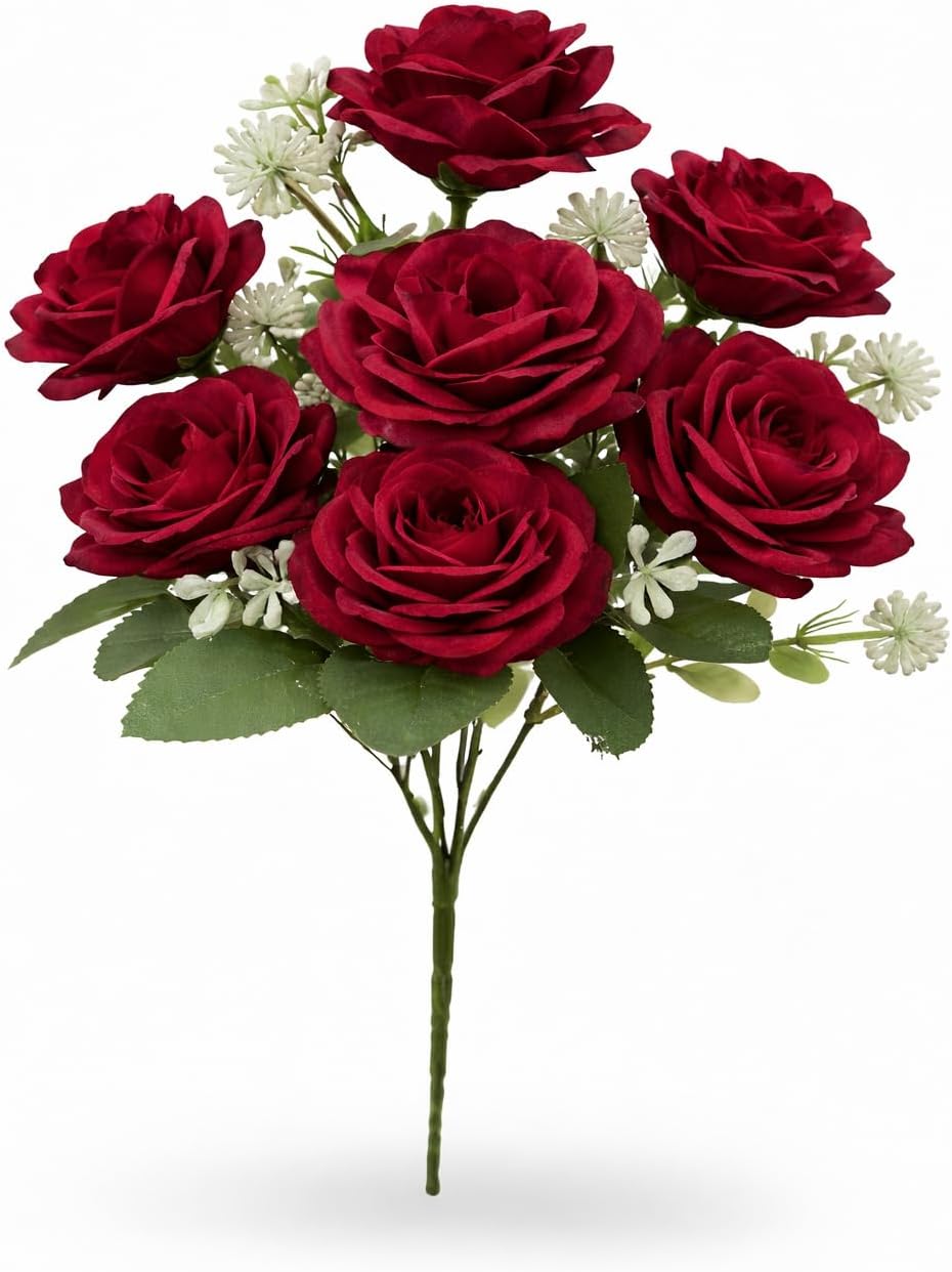 CR18 COLLECTION 1 Bunch Artificial Rose Flower (ONLY Flower -Without Vase Pot) for Home Decor, Office, Bedroom, Balcony, Living Room, Table Decoration Items. (Dark RED)