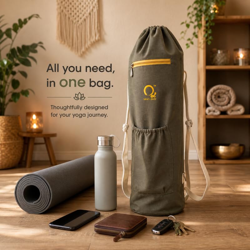 Image of O2 Yoga Mat Bag | Basic Style Cotton Yoga Mat Carry Bag with Adjustable Double Straps | Bottle Holder & Zipper Pocket | Yoga Mat Cover Bag for Women & Men | Fits 2mm-10mm Mats - Greenish Grey