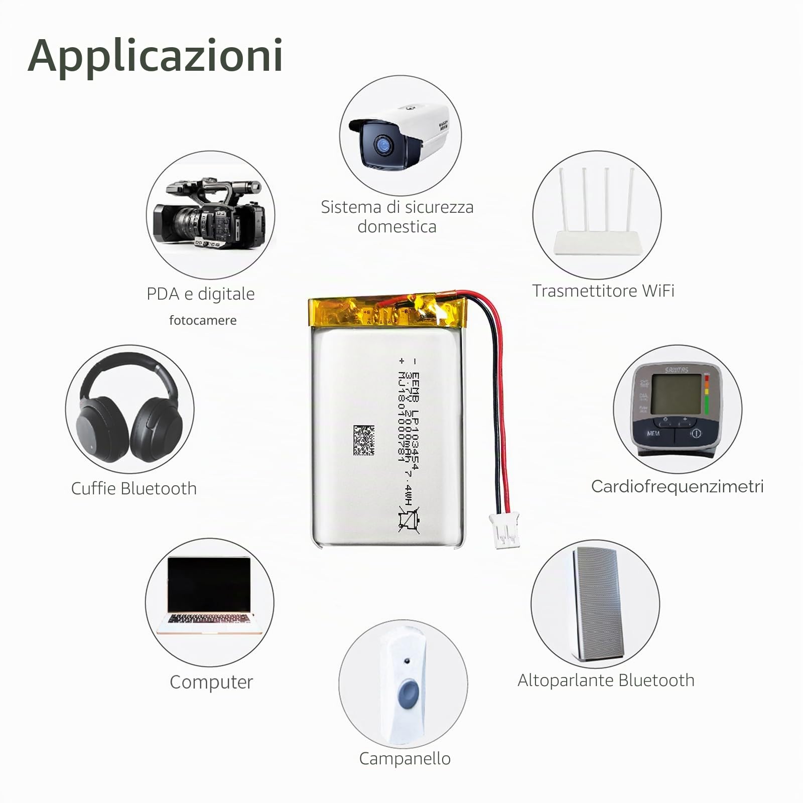 EEMB 3.7V 2000mAh 103454 Lipo Batteria ricaricabile agli ioni di polimero di litio con connettore JST-Assicurarsi che la polarità del dispositivo corrisponda alla batteria prima dell'acquisto!!!