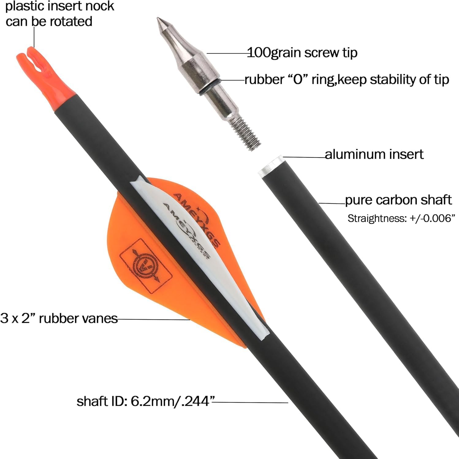 wolfman 30" Pure Carbon Arrows Archery Practice Hunting Arrows Spine 300 350 400 500 600 with Removable Tips Targeting Arrows for Compound & Recurve & Long Bow 6/12pcs