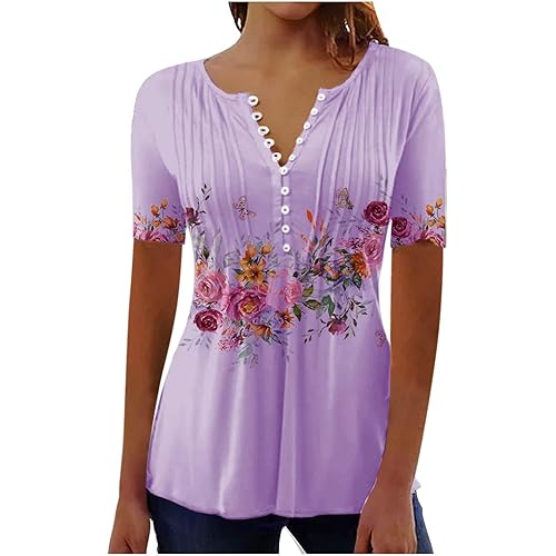 Summer Blouses for Women 2025 2025 Trendy Boho Floral Print Short Sleeve Button V Neck Shirt Casual Loose Fit