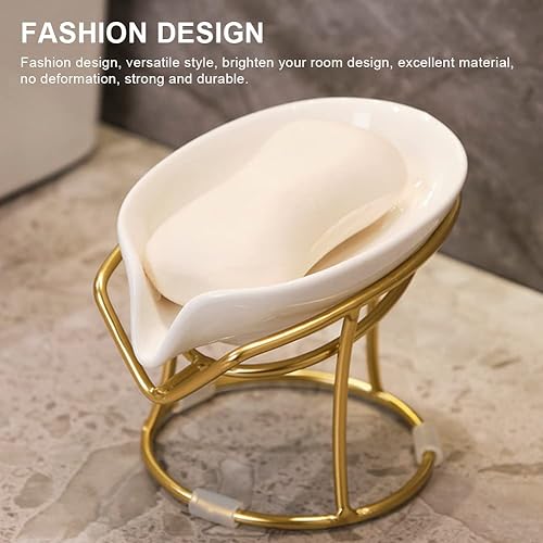 Miniatura 3 de BluOcnMkt Jabonera decorativa de cerámica con soporte de hierro forjado para baño, ducha, fregadero de cocina (esmalte blanco)