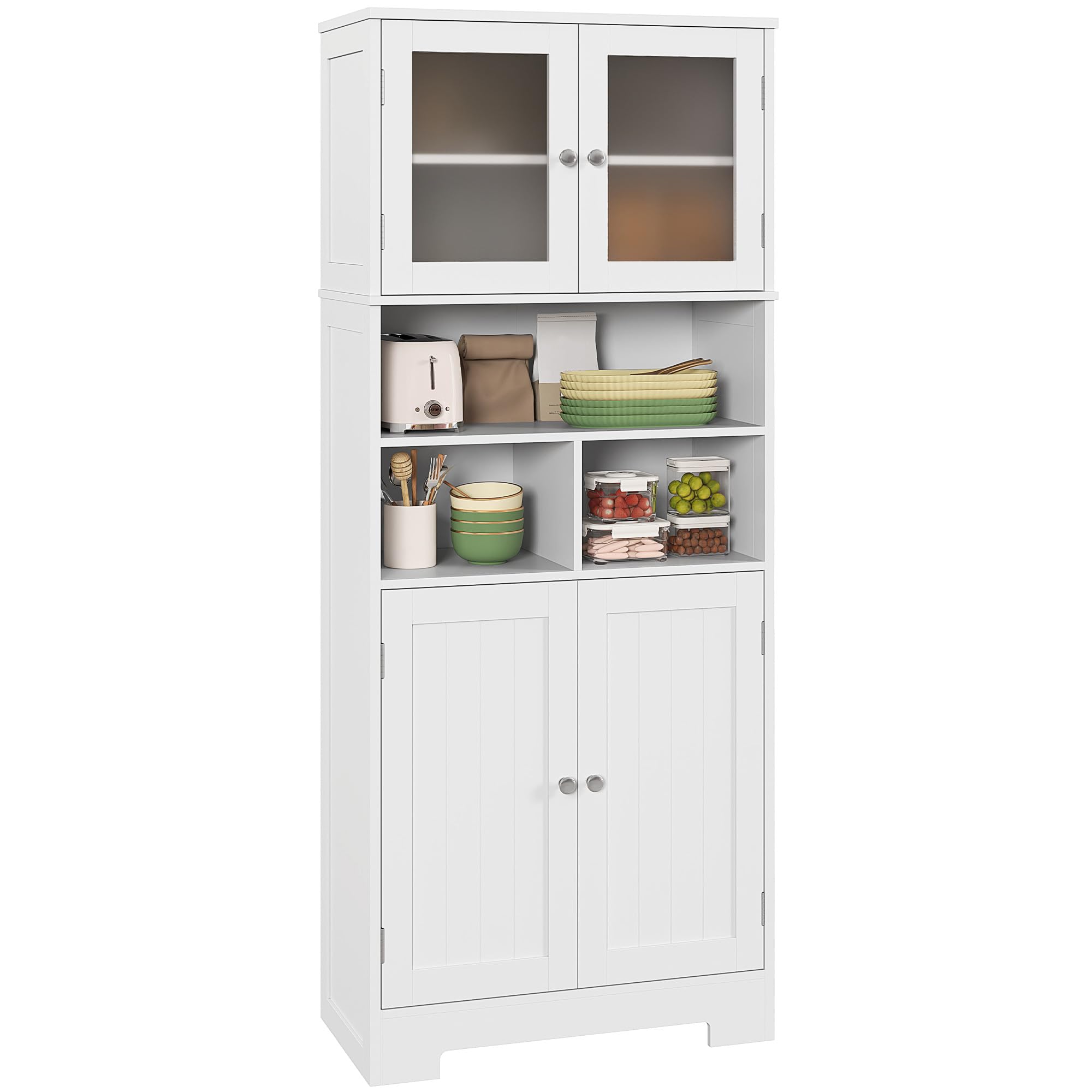 HOMCOM Credenza Cucina con 2 Armadietto, 3 Vani Aperti, Mobile Dispensa Stretto con Ante in Vetro e Ripiani Regolabili, per Soggiorno, Sala da Pranzo, 60x30x145.5 cm, Bianco