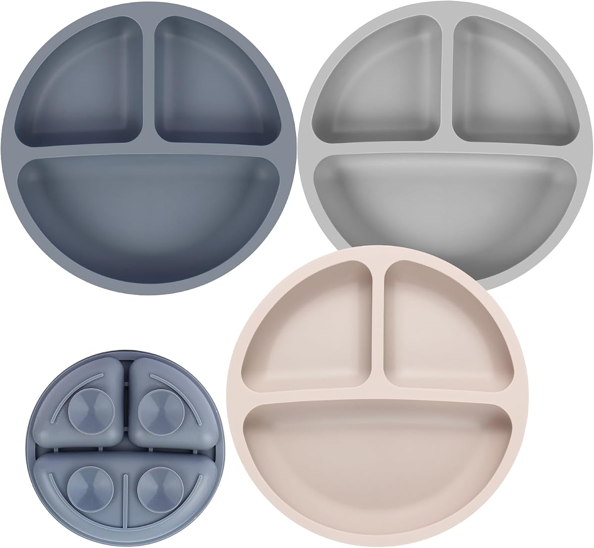 Toddler Plates, 3 Pack Divided Baby Plates with Suction | BPA Free, Food Grade Silicone Baby Led Weaning Supplies, Non-Slip, Microwave and Dishwasher Safe